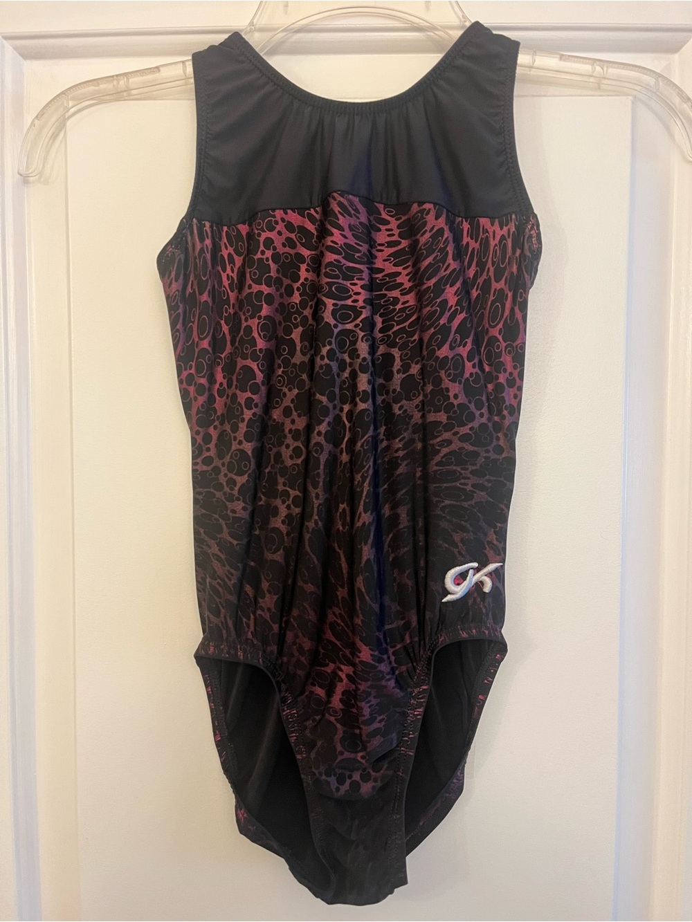 GK Elite Girls Gymnastics Leotard Child Large CL Black Pink Animal Leo